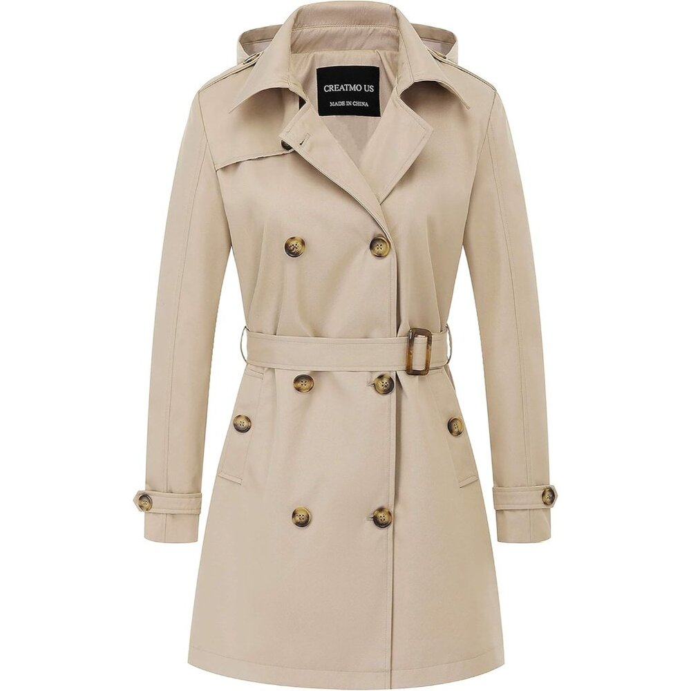 ⚡Women's Khaki Trench Coat Double-Breasted Classic Lapel Overcoat Belted Slim